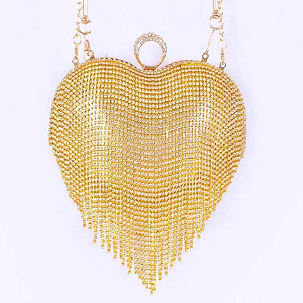 Gold Fringe Crystal Heart Shaped Clutch Evening Bag